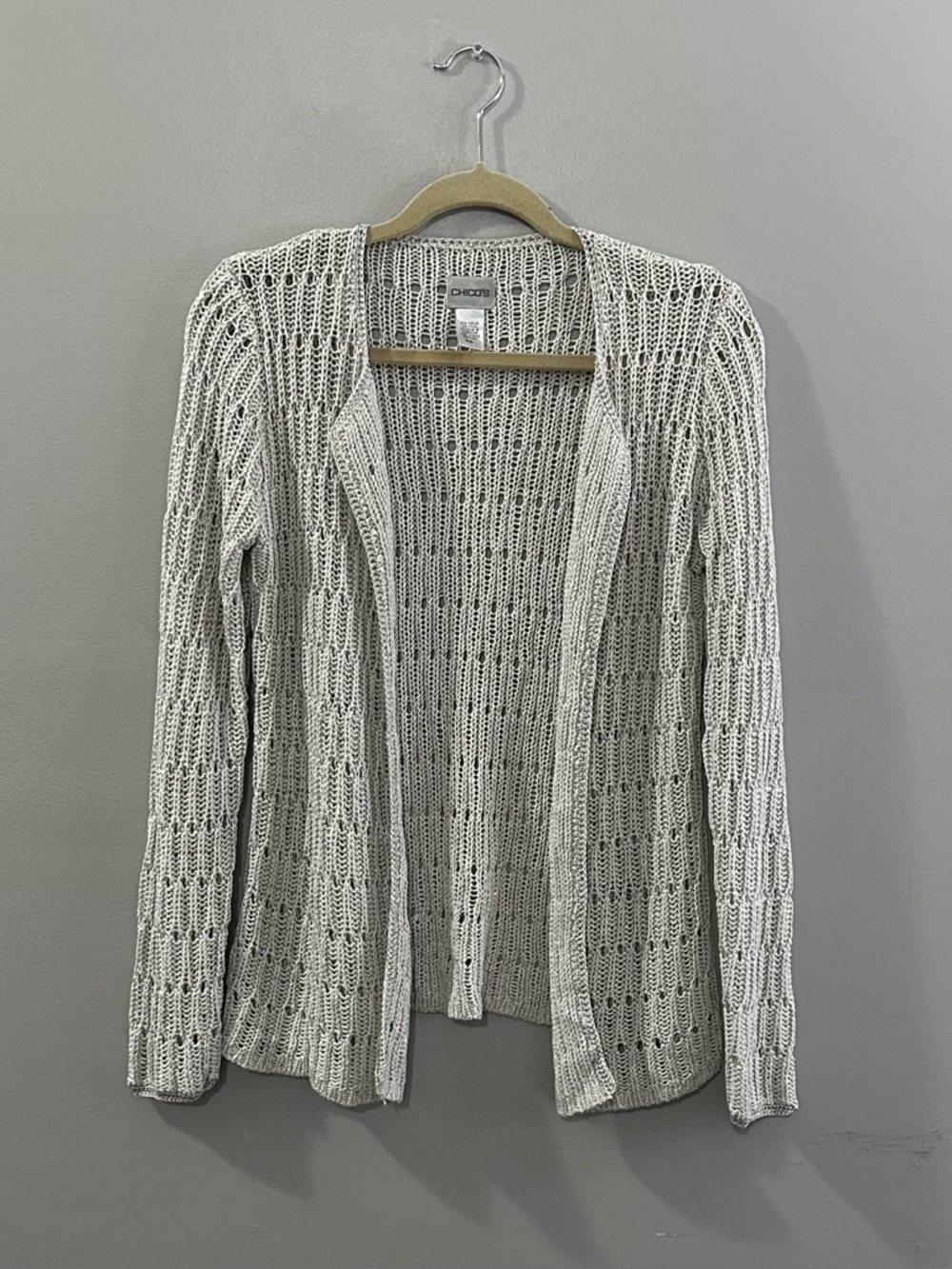 Chico’s Size 1 (M) Open Knit Cardigan Lightweight Sheer Neutral Gray Layer Boho